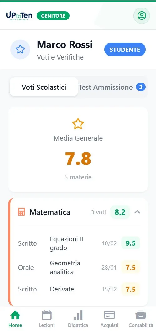 App Up to Connect vista genitore — voti scolastici di Marco Rossi, media generale 7.8, dettaglio verifiche matematica con voti per argomento